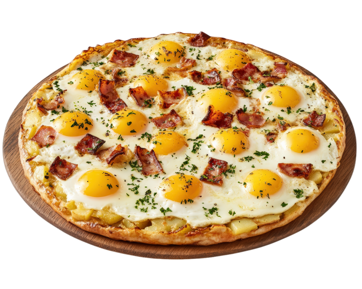 A pizza with eggs and bacon on top png