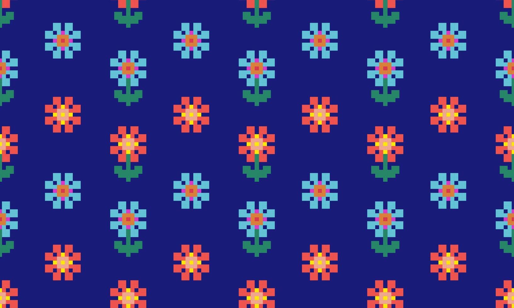 a detailed seamless composed of pixel designs red and light blue flowers square on blue background , design for fabric or various pattern printing works. vector