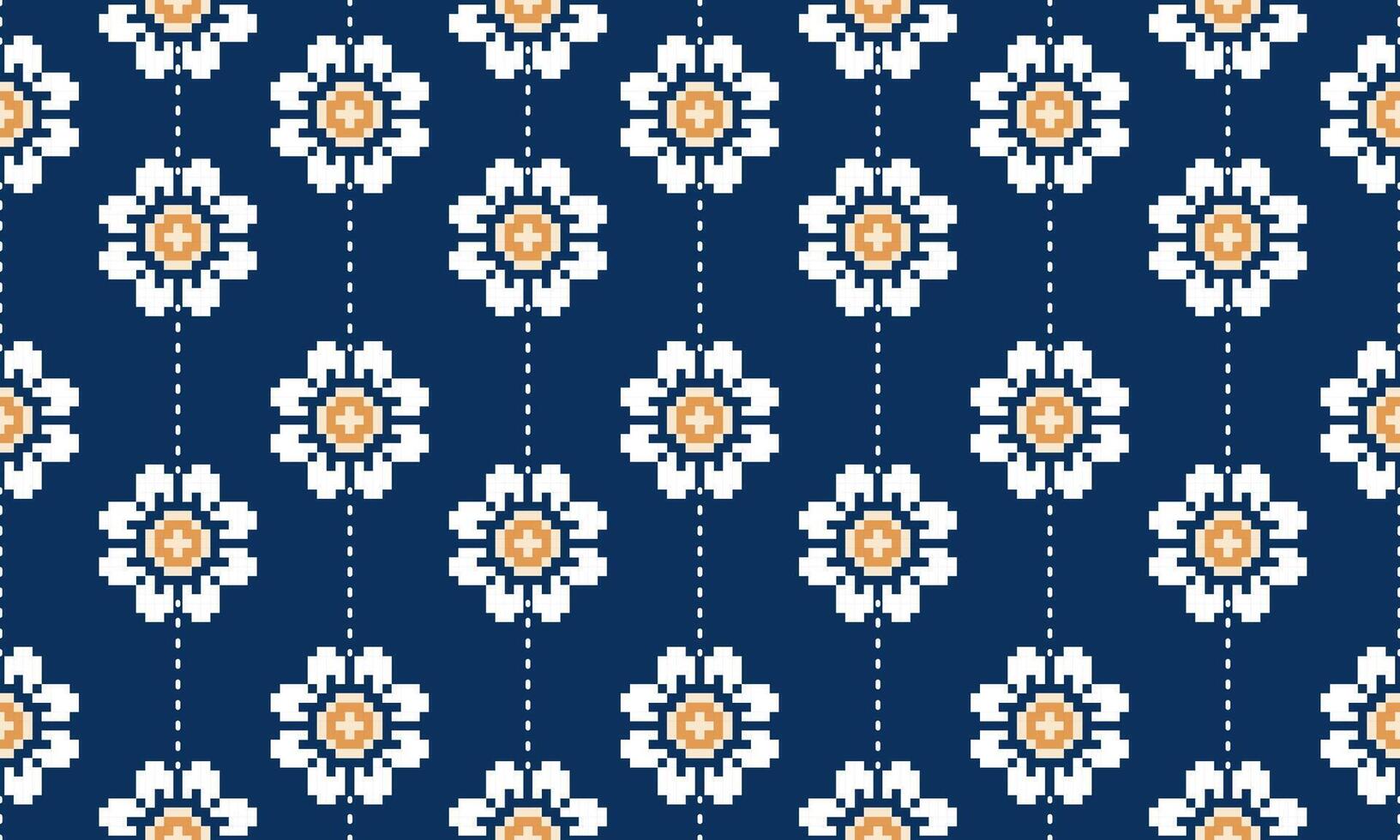 a detailed seamless composed of pixel designs with white flowers square on blue background , design for fabric or various pattern printing works. vector