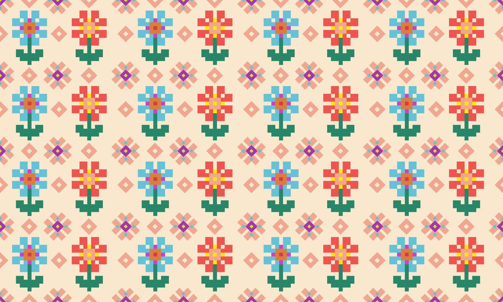 a detailed seamless composed of pixel designs with red and light blue flowers square on yellow background , design for fabric or various pattern printing works. vector