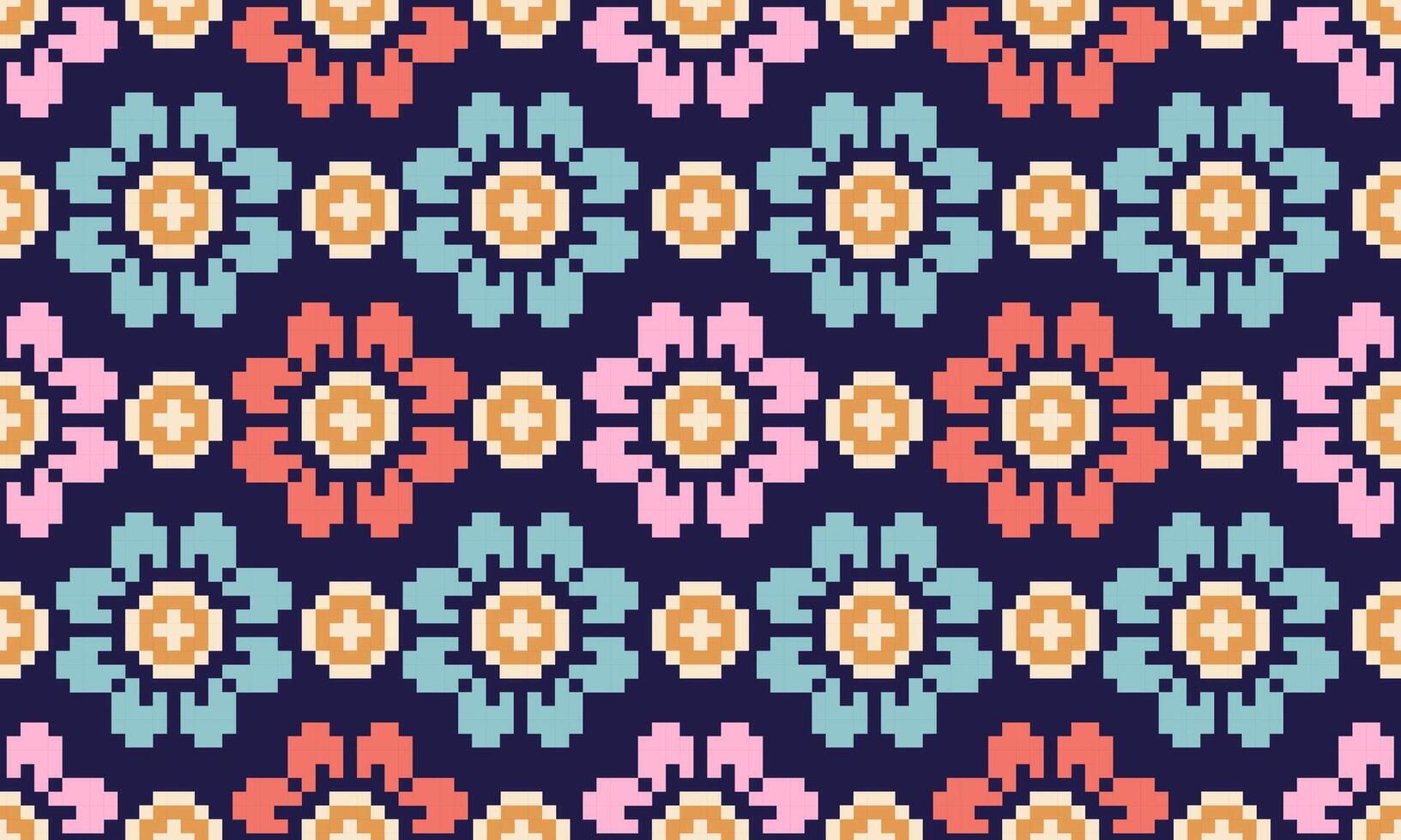 a detailed seamless composed of pixel designs with pink ,blue and red flowers square on dark blue background , design for fabric or various pattern printing works. vector