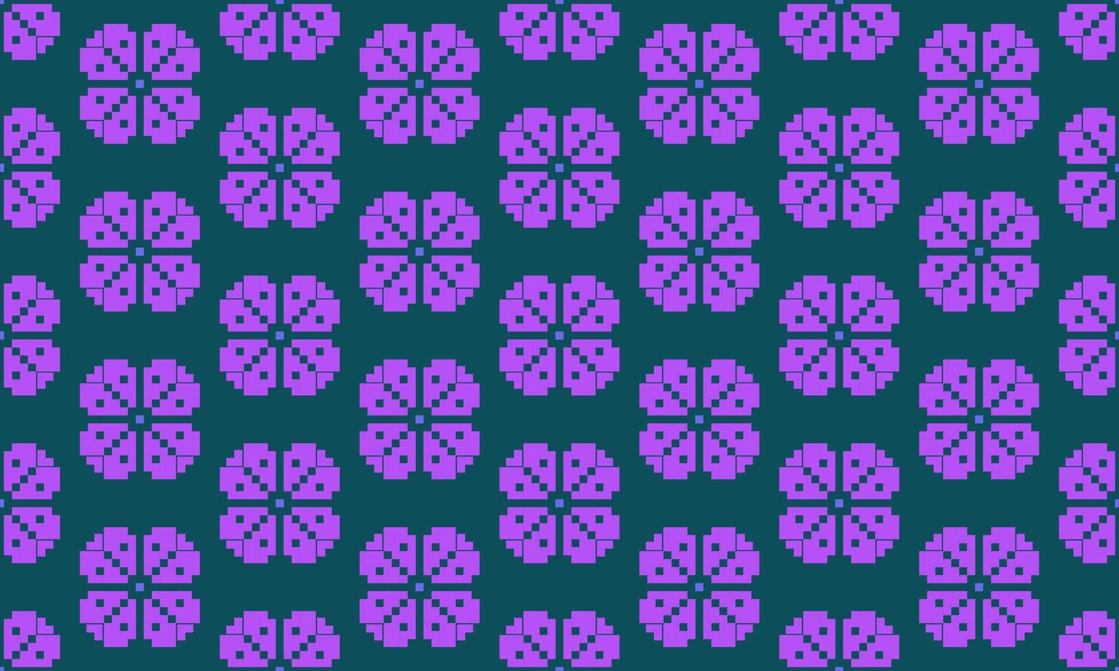 a detailed seamless composed of pixel designs with purple flowers on green background , design for fabric or various pattern printing works. vector
