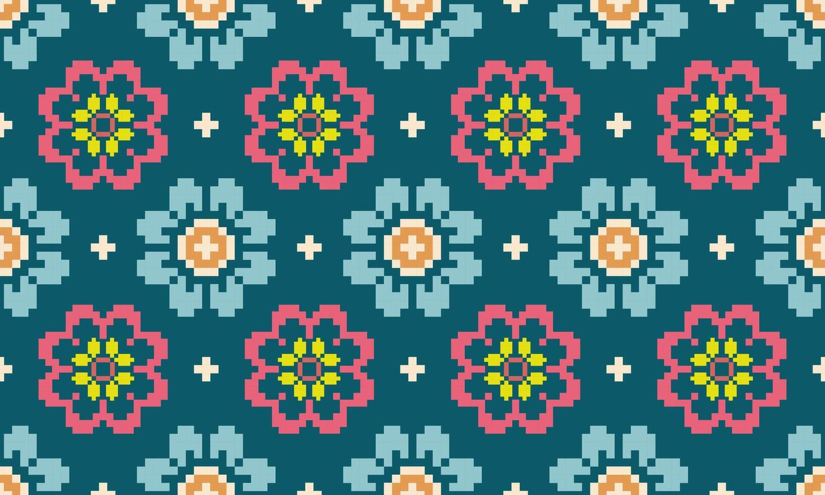 a detailed seamless composed of pixel designs with light blue and pink flowers square on green background , design for fabric or various pattern printing works. vector