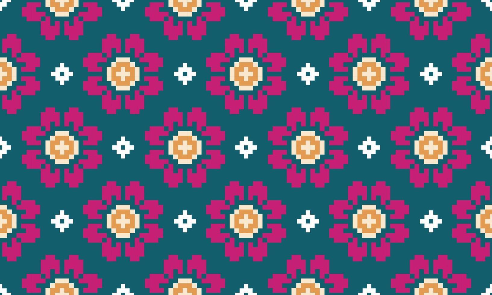 a detailed seamless composed of pixel designs with pink flowers and white square on green background , design for fabric or various pattern printing works. vector