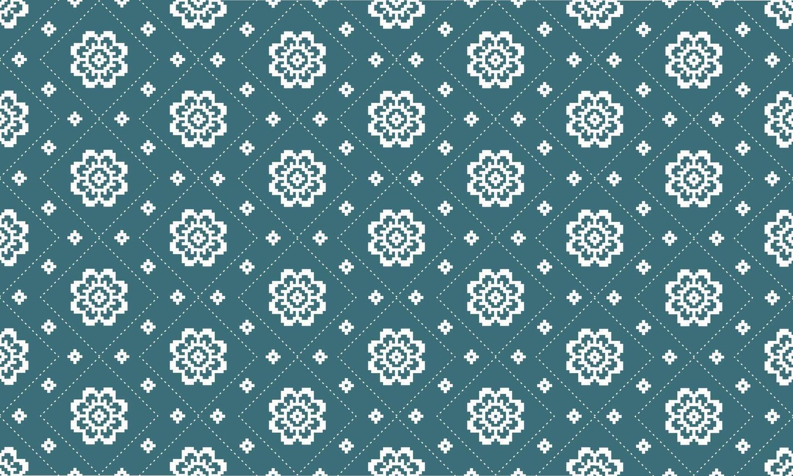 a detailed seamless composed of pixel designs with white flowers and square on green background , design for fabric or various pattern printing works. vector