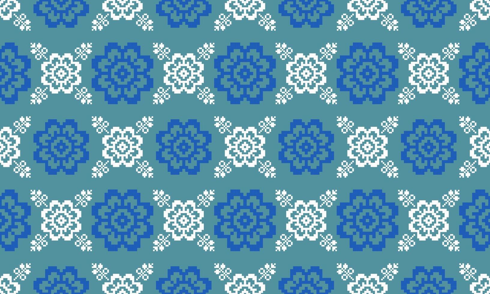 a detailed seamless composed of pixel designs with white and blue flowers square on green background , design for fabric or various pattern printing works. vector