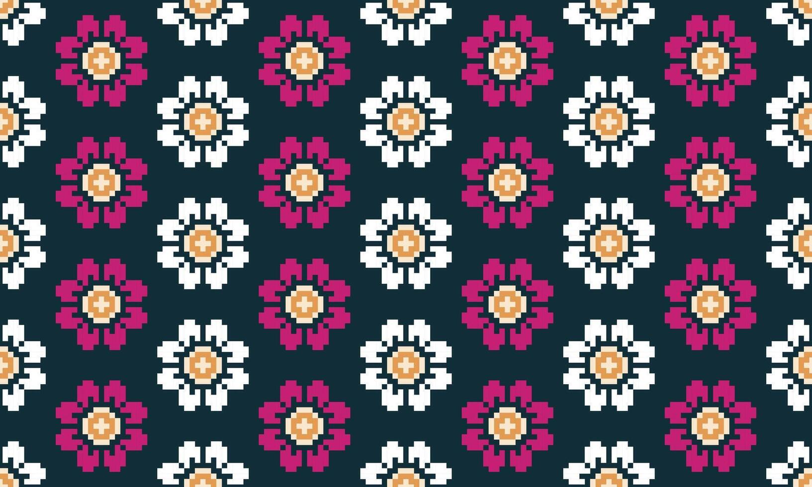 a detailed seamless composed of pixel designs with dark pink and white flowers square on dark green background , design for fabric or various pattern printing works. vector