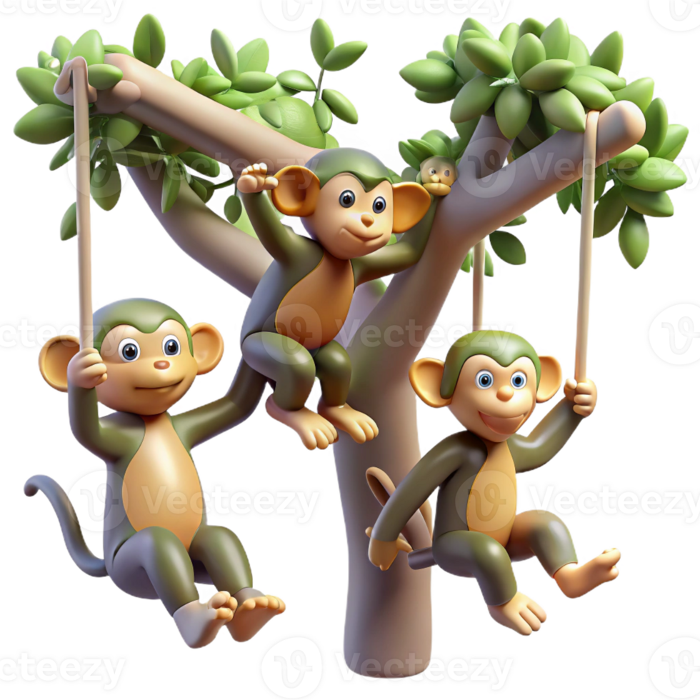 beautiful contemporary A group of playful monkeys swinging through the trees, illuminated by the dappled sunlight of a rainforest canopy, in a dynamic, realistic style exclusive png