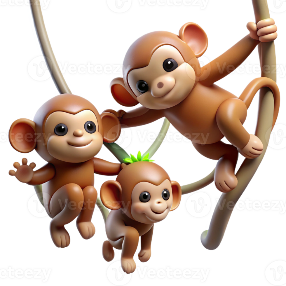 dramatic rustic A group of playful monkeys swinging through the trees, illuminated by the dappled sunlight of a rainforest canopy, in a dynamic, realistic style professional png