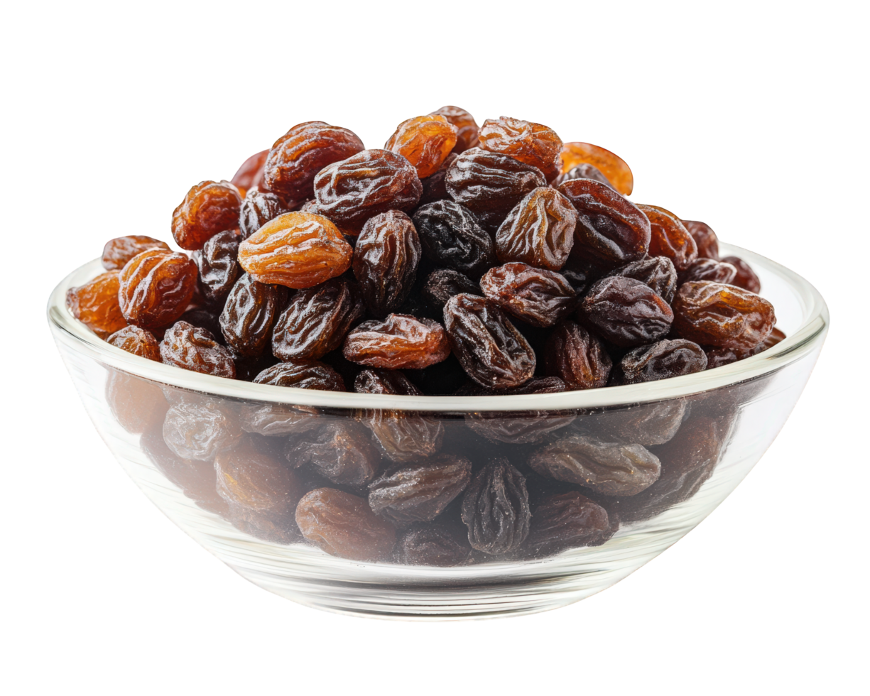 A bowl full of raisins on a black background png