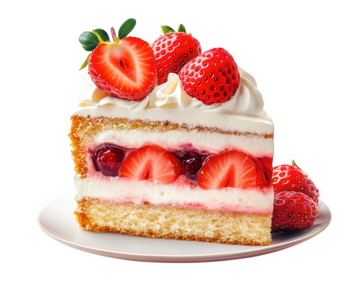 A slice of cake with strawberries on top png
