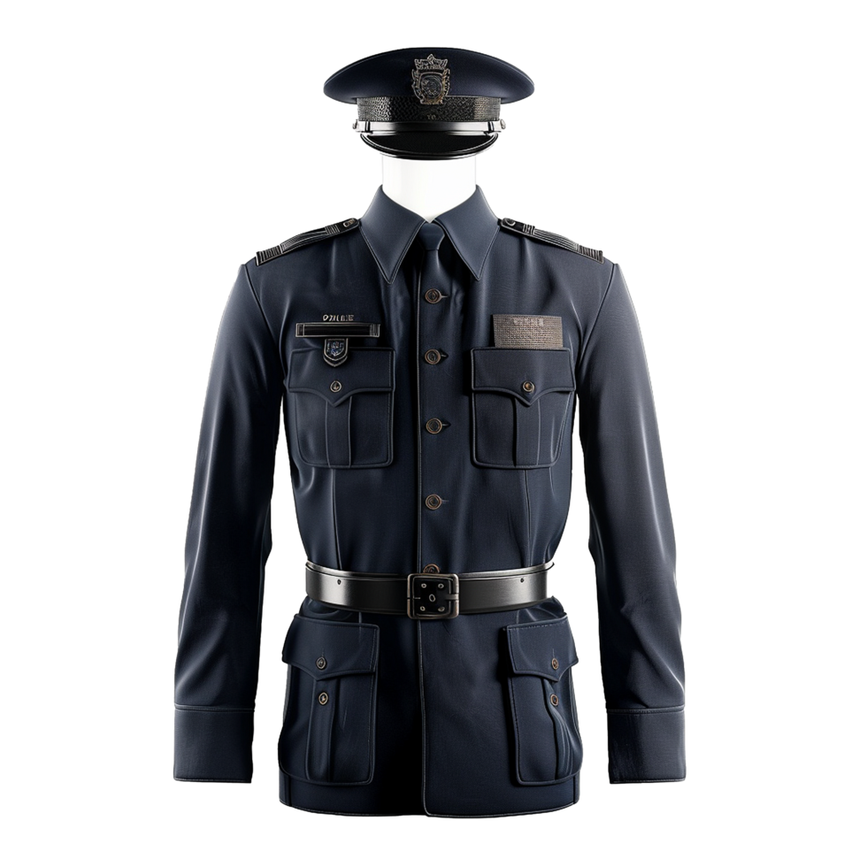 Detailed Render of a Dark Blue Police Uniform with Insignia and Accessories png