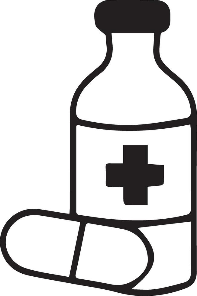 Pills and medicine bottle stroke line art flat black color design. vector