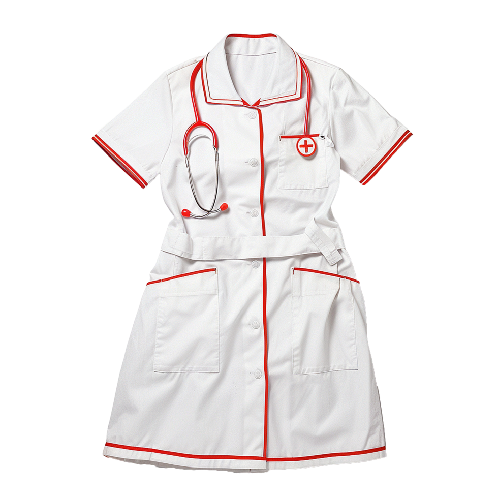 Classic White Medical Lab Coat with Red Trim and Stethoscope png
