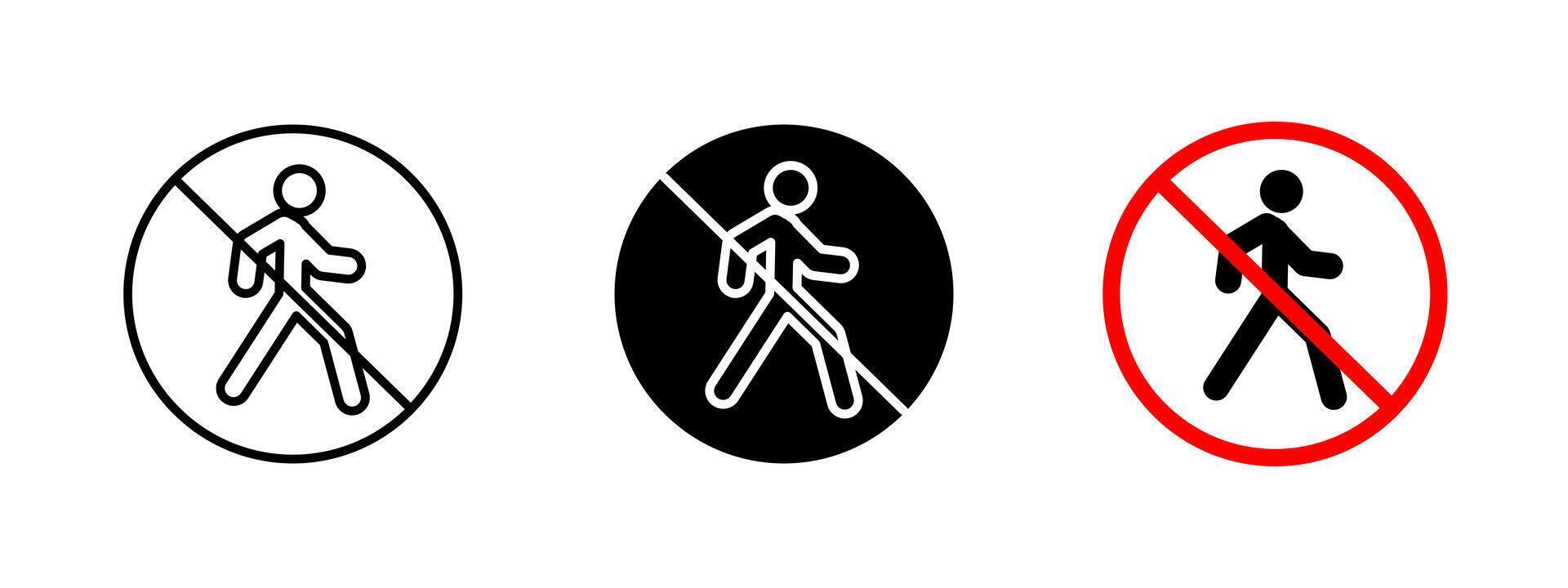 No pedestrian icon. Warning sign indicating restricted pedestrian access in specific areas. Prohibited walking symbol for traffic safety and controlled entry zones. vector