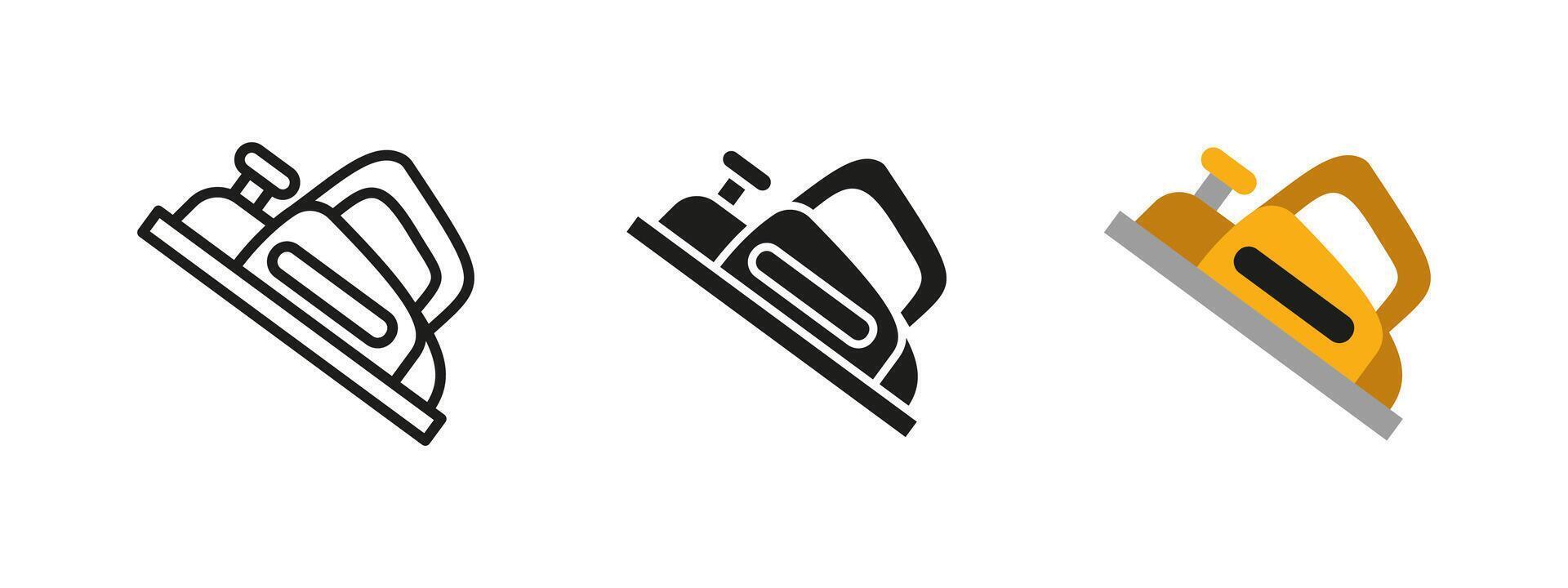 Planer tool icon. Electric woodworking illustration. Used for smoothing, leveling and shaping wood surfaces in carpentry and DIY projects. Essential tool for precise material finishing. vector