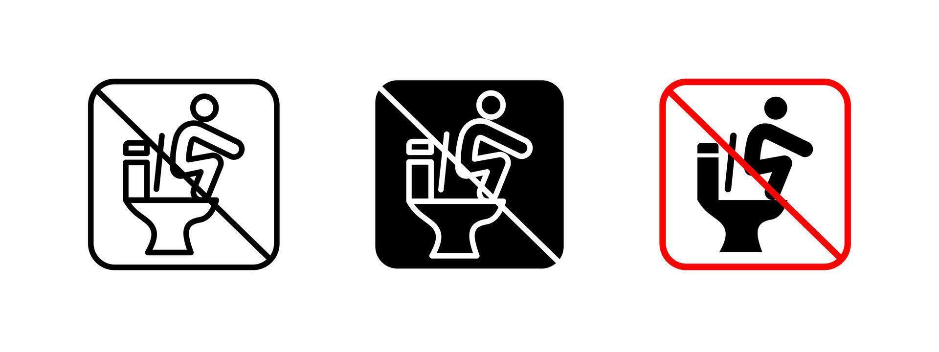 Toilet squat prohibition icon. Warning sign against improper restroom usage illustration. Public restroom safety and hygiene instruction for correct toilet use. vector