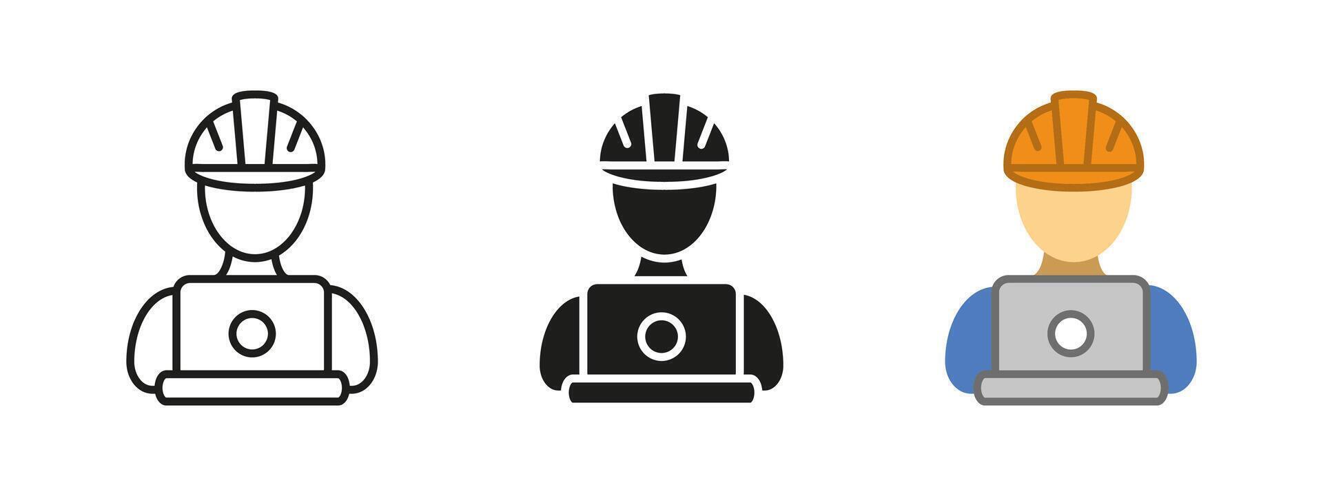 Engineer icon. Construction planning illustration. Safety helmet and laptop symbol. Architectural project development. Infrastructure and technology concept. Industrial supervision pictogram. vector