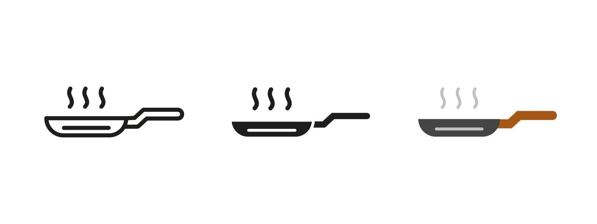 Frying pan icon. Hot steaming pan illustration. Kitchen and cookware symbol. Cooking utensil pictogram for home and restaurant use. Meal preparation and stovetop heating concept. vector