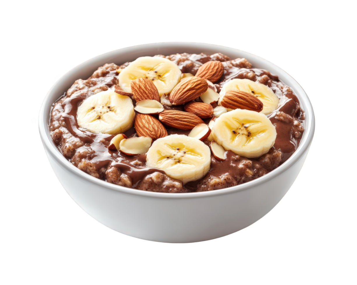 A bowl of oatmeal with bananas and almonds png