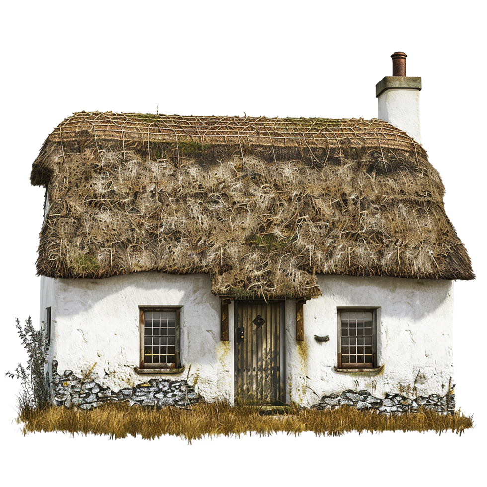 A Charming ThatchedRoof Cottage in Rural Setting with Stone Foundation png