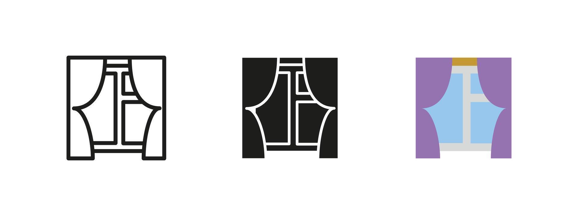 Window with curtains icon. Home interior decor illustration. Elegant window frame with draped fabric symbol. Architectural and design element for apartments, houses and office spaces. vector