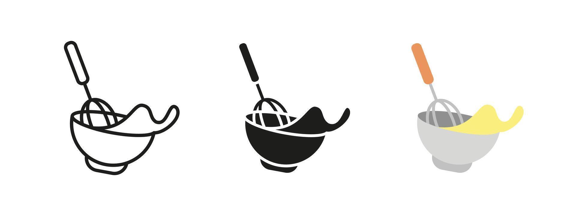 Whisk and mixing bowl icon. Kitchen utensil with batter illustration. Cooking and baking concept. Food preparation and pastry-making pictogram. vector