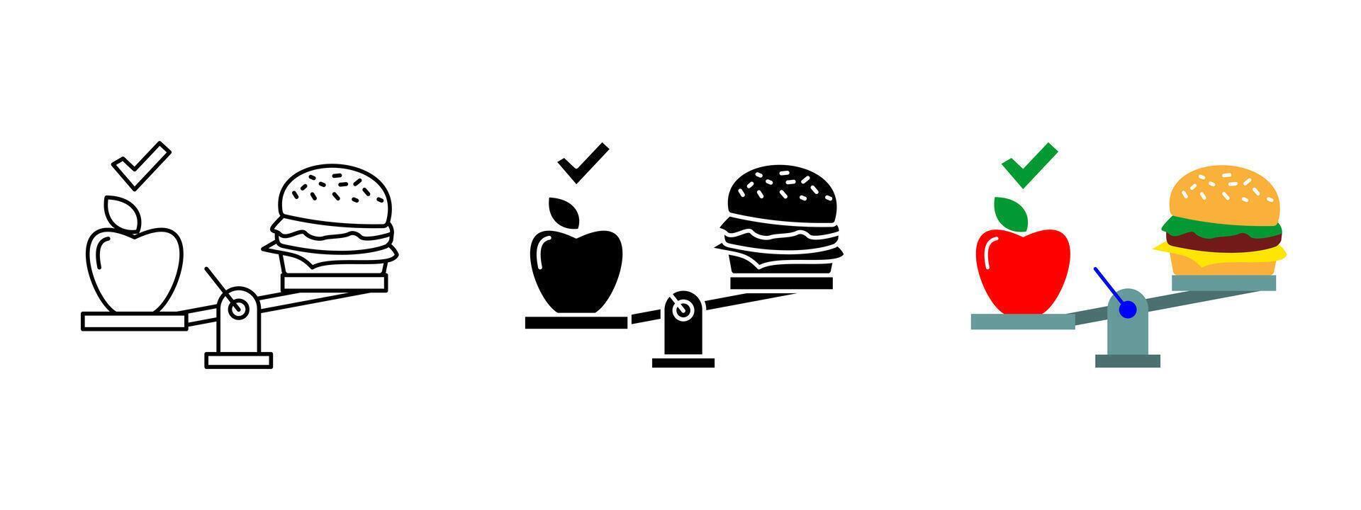 Nutrition icon. Balanced diet illustration. Scale symbol comparing healthy food and fast food choices. Lifestyle and dietary awareness pictogram. vector
