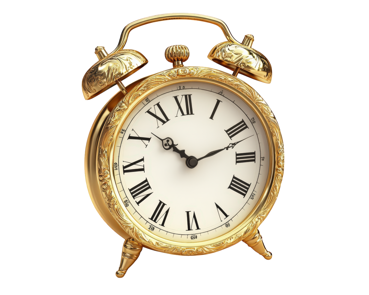 Gold alarm clock isolated on black background png