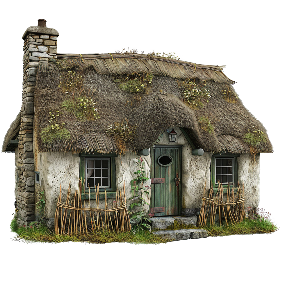 Enchanted Stone Cottage with Thatched Roof and Green Door png