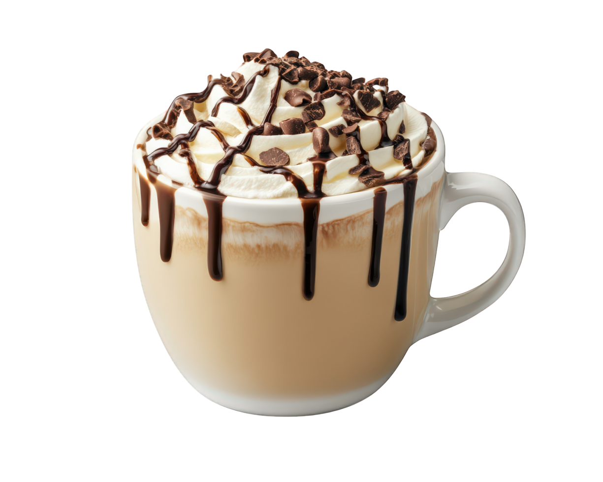 A coffee drink with chocolate drizzle and whipped cream png
