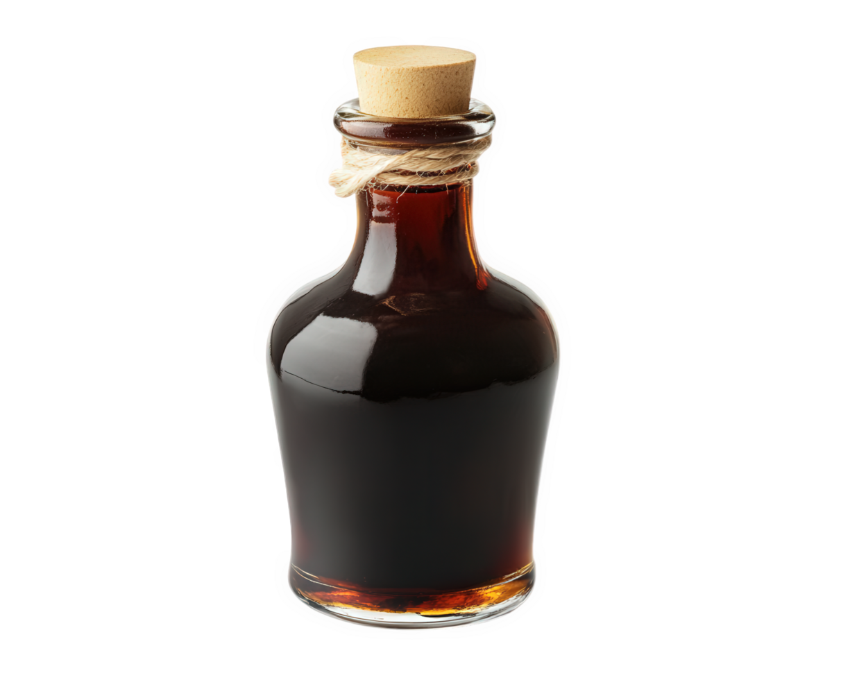 A bottle of syrup with a cork on a black background png
