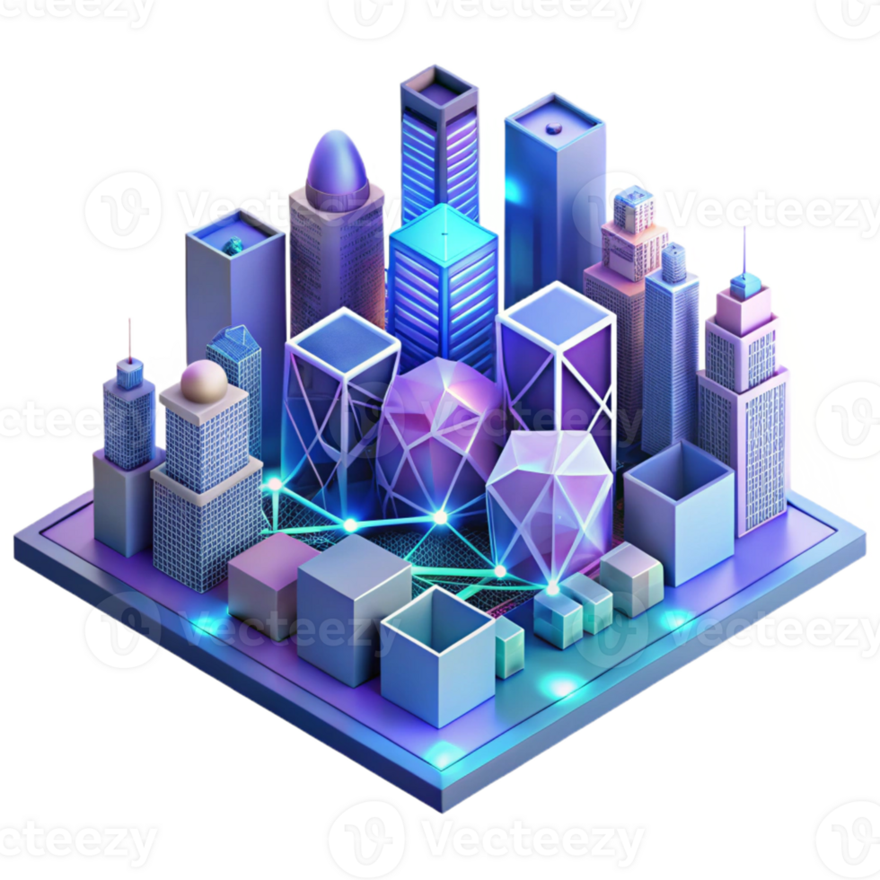 serene traditional A futuristic city skyline composed of interconnected data streams and glowing nodes, vibrant cyberpunk color palette, isometric perspective, matte painting style exclusive png