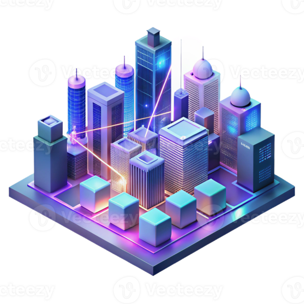 wonderful classic A futuristic city skyline composed of interconnected data streams and glowing nodes, vibrant cyberpunk color palette, isometric perspective, matte painting style 4K png