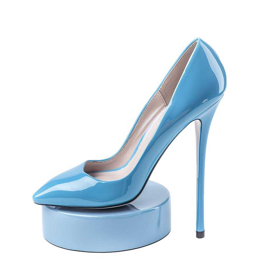 Stunning Light Blue Patent Leather High Heel Women's Shoe on Display png