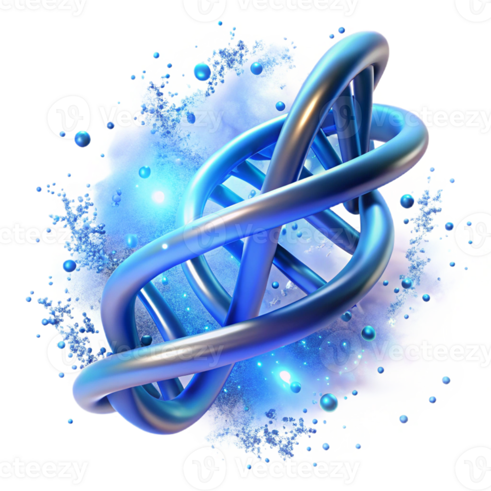 impressive traditional A DNA strand unraveling into digital particles, glowing with an electric blue aura, abstract and dynamic composition, digital art style professional png