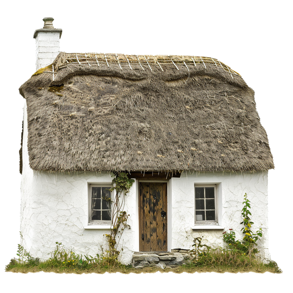 Charming Rustic ThatchedRoof Cottage in Ireland with Whitewashed Walls and Wooden Door png