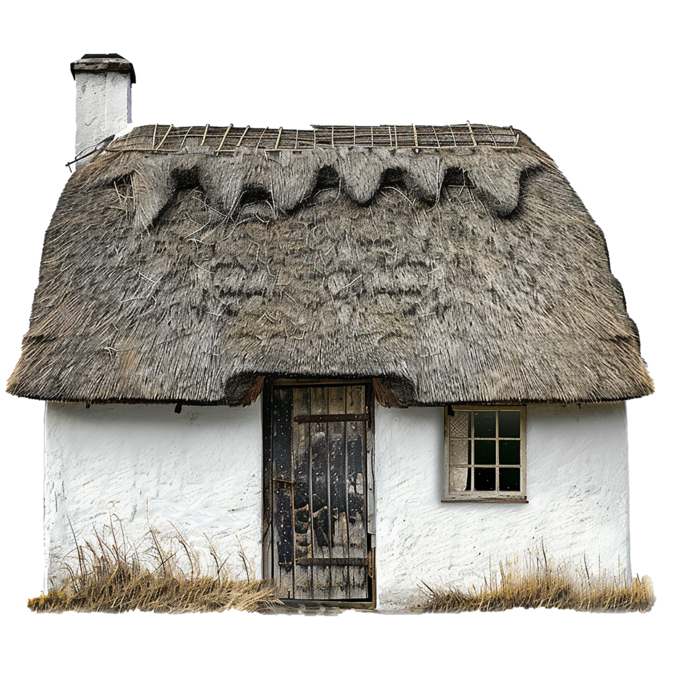 Charming Thatched Roof Cottage with Whitewashed Walls and Rustic Door png