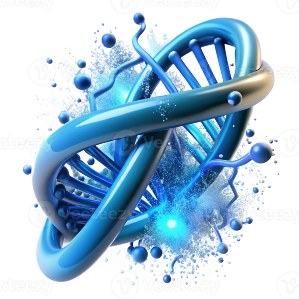 vibrant minimalist A DNA strand unraveling into digital particles, glowing with an electric blue aura, abstract and dynamic composition, digital art style authentic png
