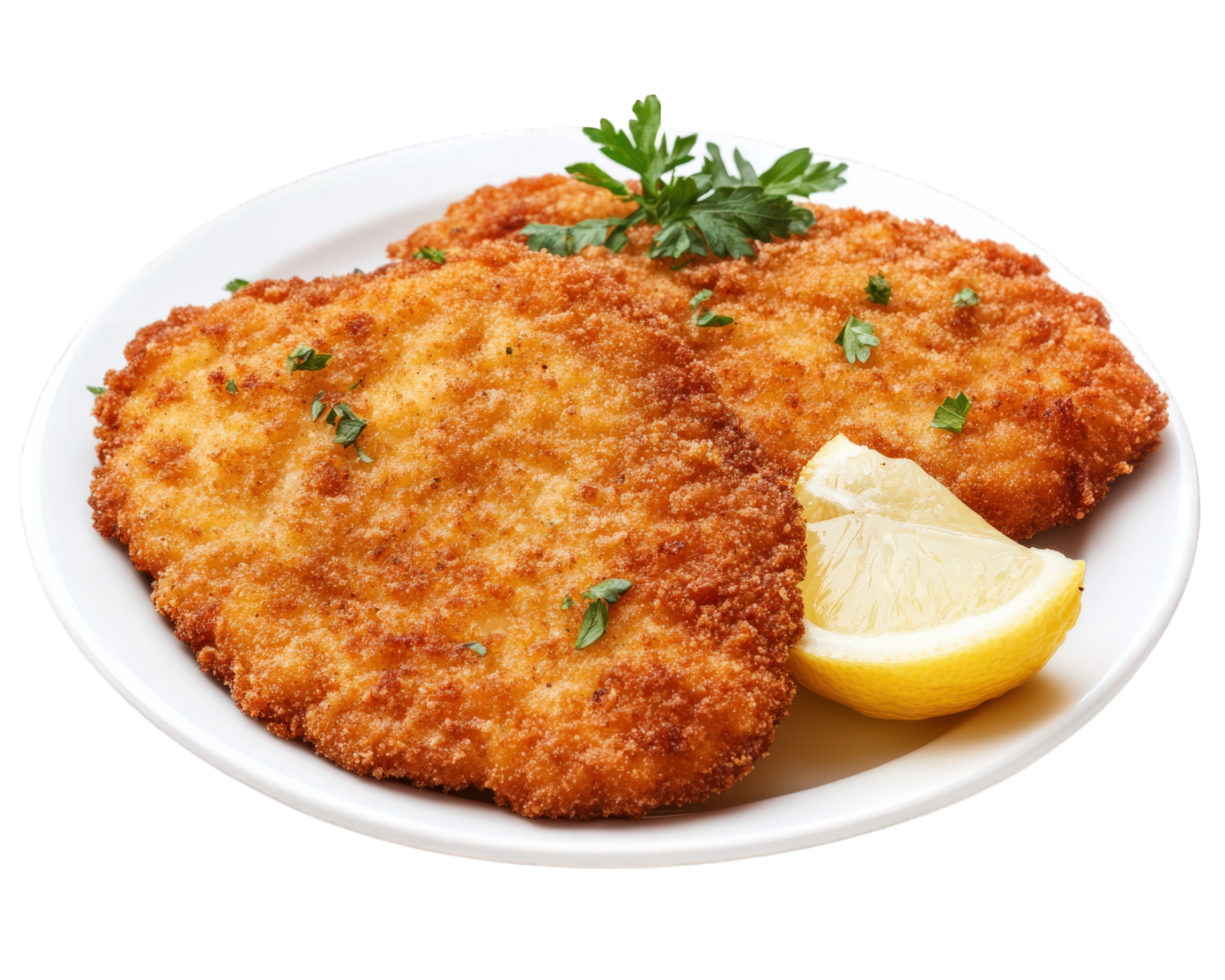 Two pieces of fried chicken with lemon wedges on a plate png