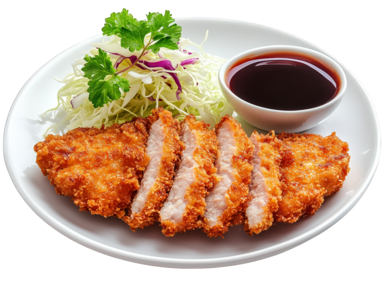 A plate with fried chicken and salad on it png