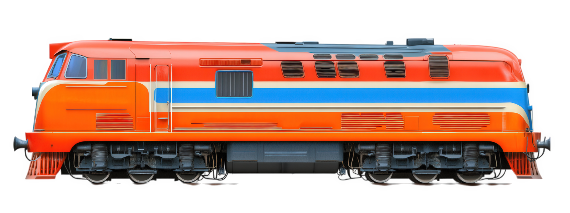 A train engine with orange and blue stripes png
