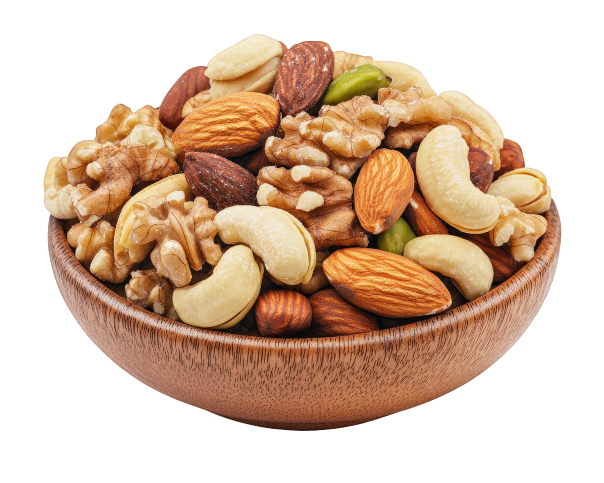Nutty mix in a wooden bowl png
