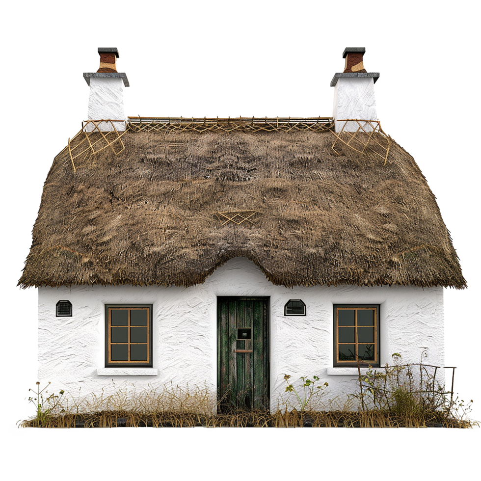 Charming Irish Thatched Cottage with Whitewashed Walls and Rustic Door png
