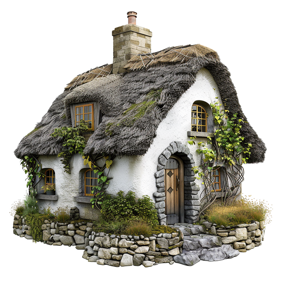 Enchanted Cottage with Thatched Roof and Stone Walls A whimsical 3D rendering of a fairytale house png