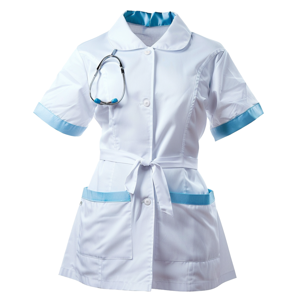 Women's Short Sleeve Medical Lab Coat with Light Blue Accents and Stethoscope png