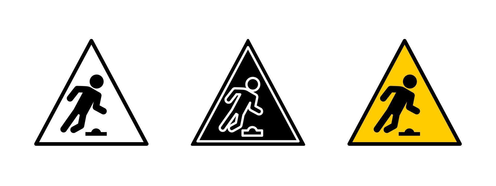 Trip hazard icon. Caution warning illustration. Safety sign for workplace and public area risk prevention. Obstacle and accident alert pictogram. vector
