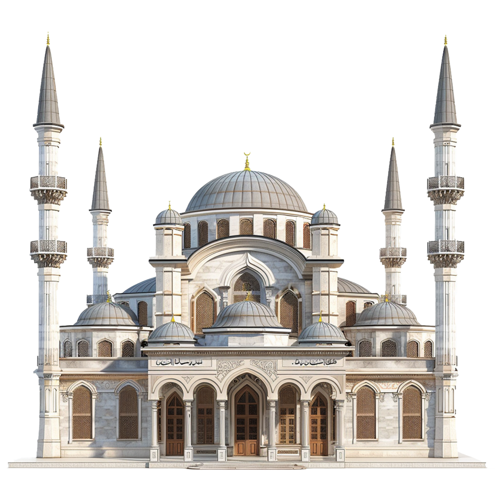 Architectural rendering of a magnificent mosque with multiple domes and minarets png