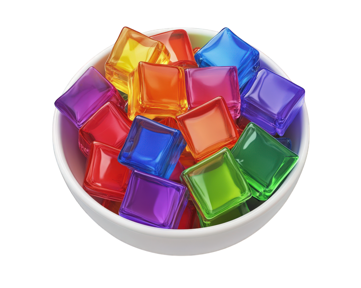 A bowl filled with colorful cubes on a black background png