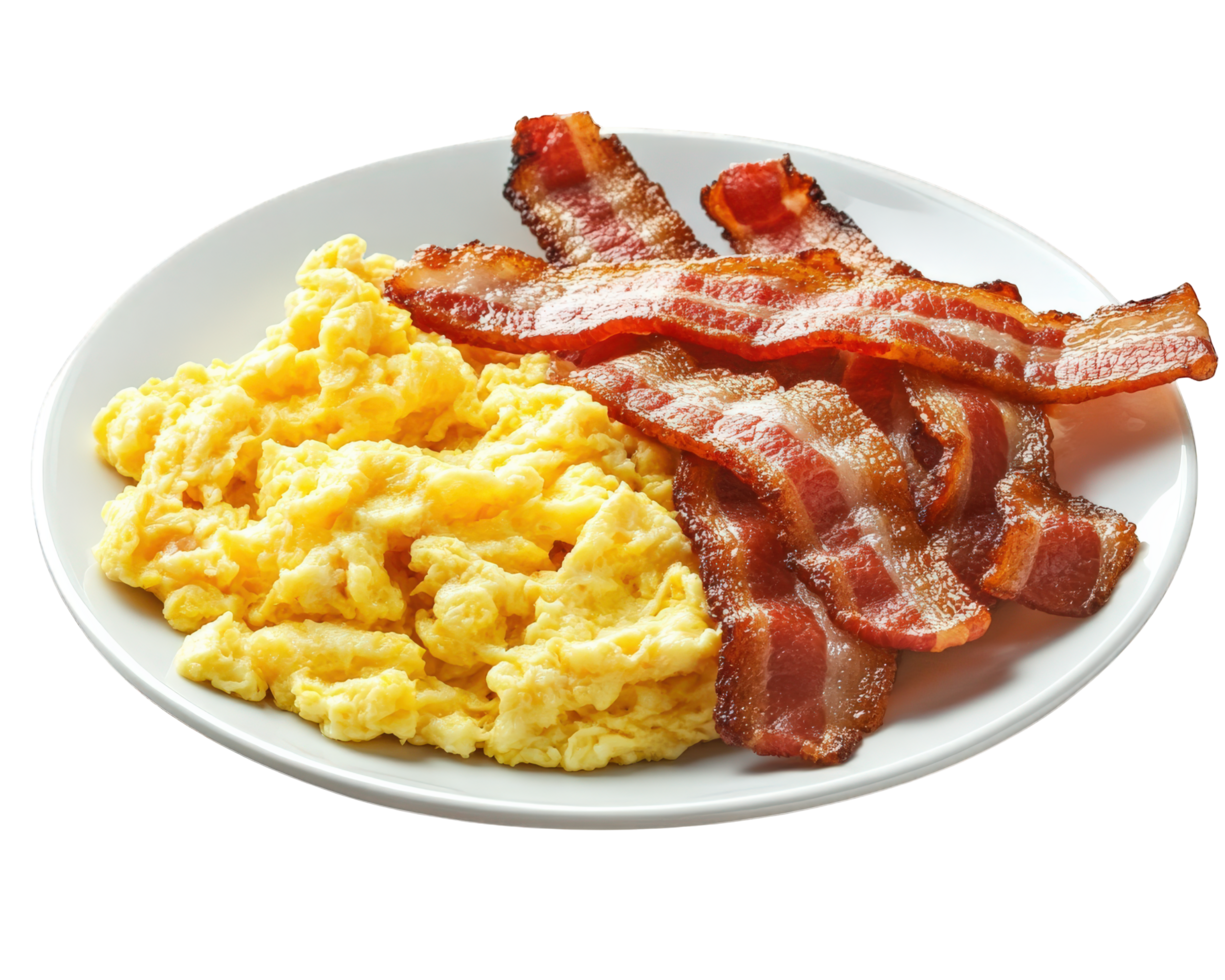 A plate of scrambled eggs and bacon png